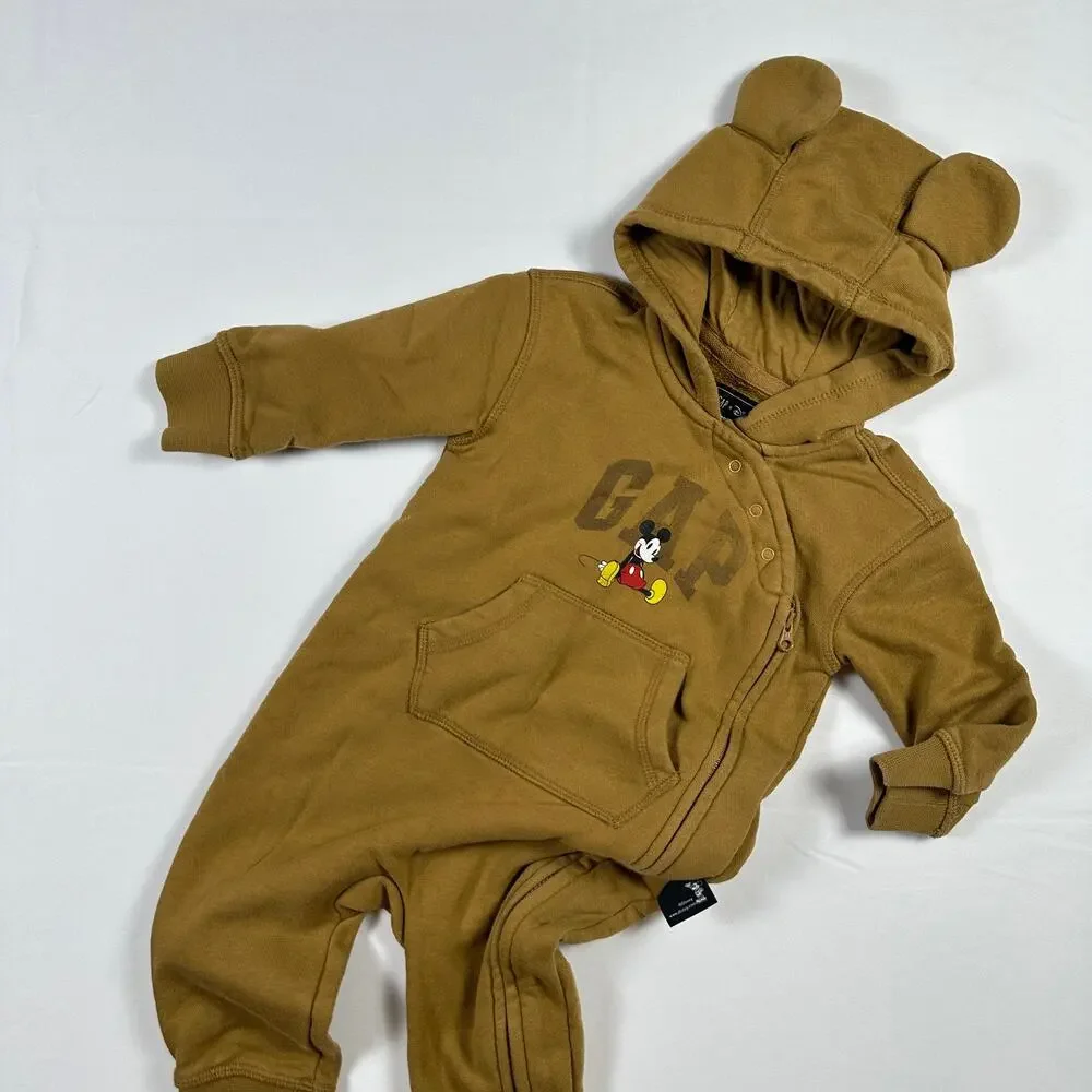 Gap x Disney Mickey Mouse Brown Cozy Fleece One Piece Hooded Romper w/ Ears